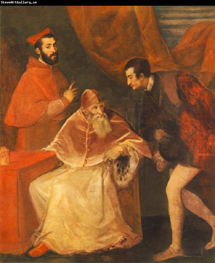 TIZIANO Vecellio Pope Paul III with his Nephews Alessandro and Ottavio Farnese ar